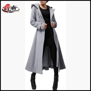 Long Wool Blend Trench Coat with Hood and Belts, Double-Breasted Winter Warm